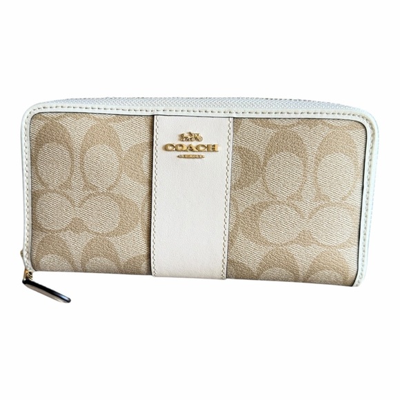 Coach Handbags - Coach Beige Signature Canvas Zip Wallet with Cream Trim